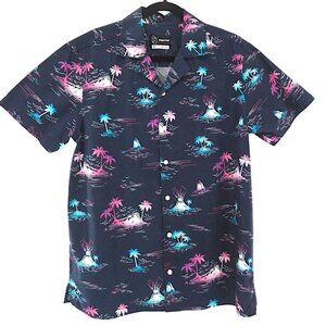 Vibrant Colorful Print Hawaiian Tropical Palm Tree Casual Festival Button Up SS